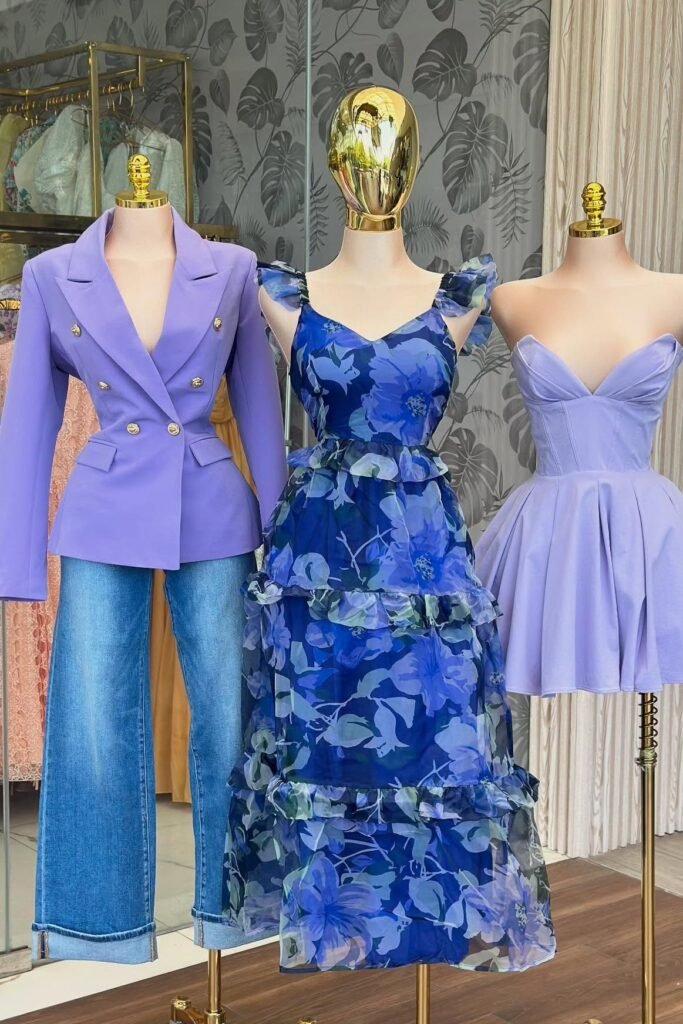 Lavender Double-Breasted Blazer + Blue Wide-Leg Jeans + Blue Floral Tiered Dress + Lavender Corset Mini Dress