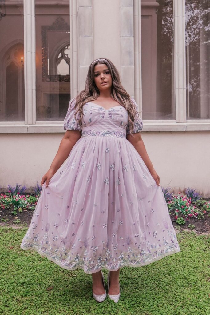 Lavender Floral Embroidered Tulle Midi Dress with Puff Sleeves