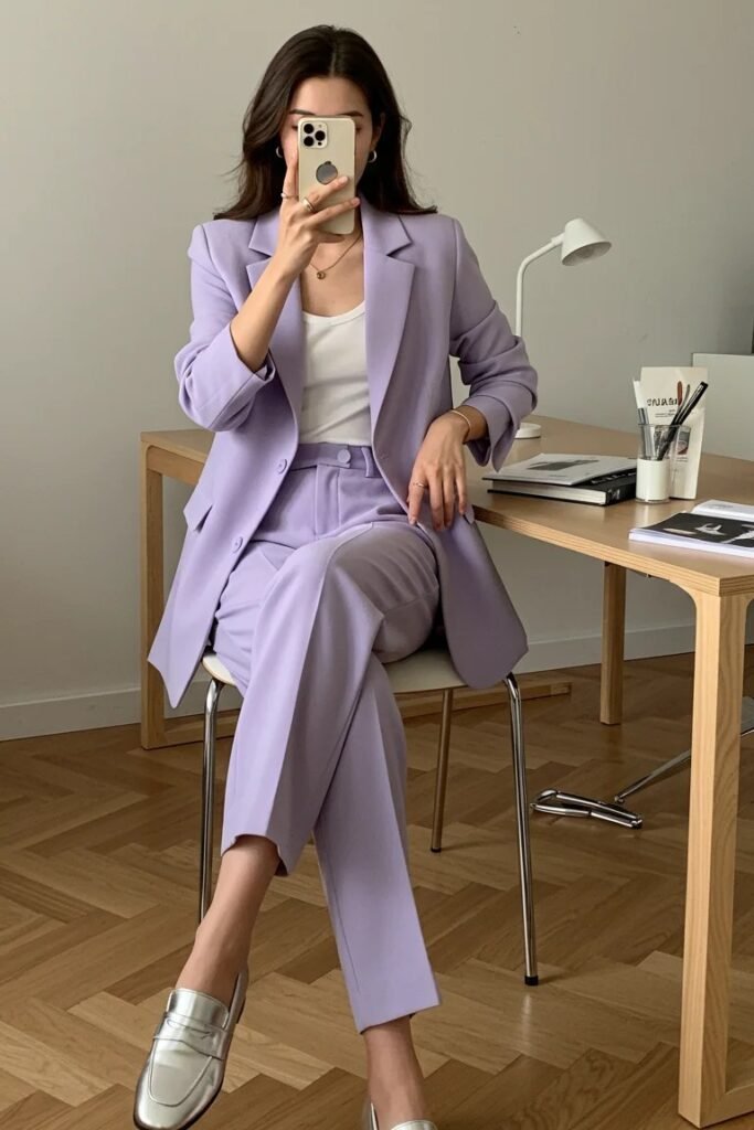 Lavender Oversized Suit + White Scoop-Neck Tank + Silver Loafers