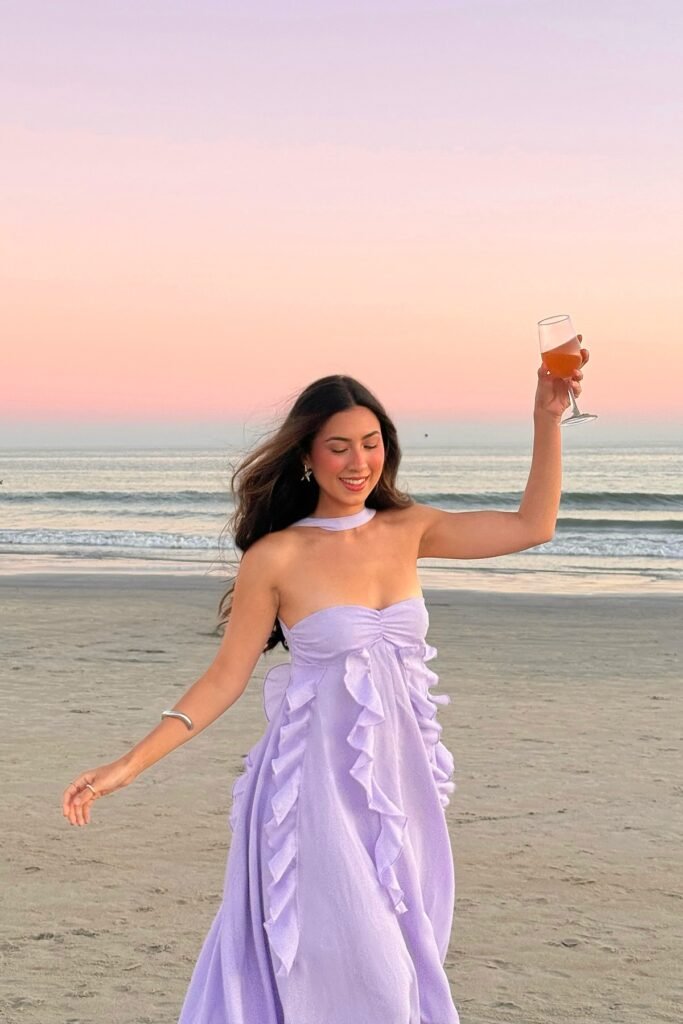 Lavender Ruffled Strapless Midi Dress + Silver Cuff Bracelet