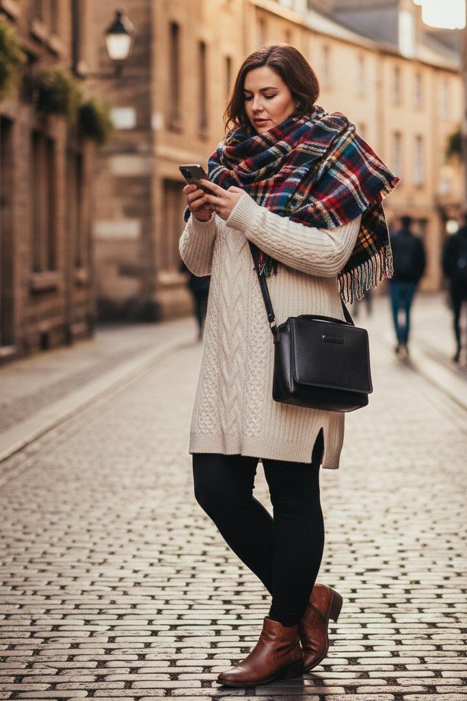 Layered Knit Dress + Leggings + Boots + Scarf