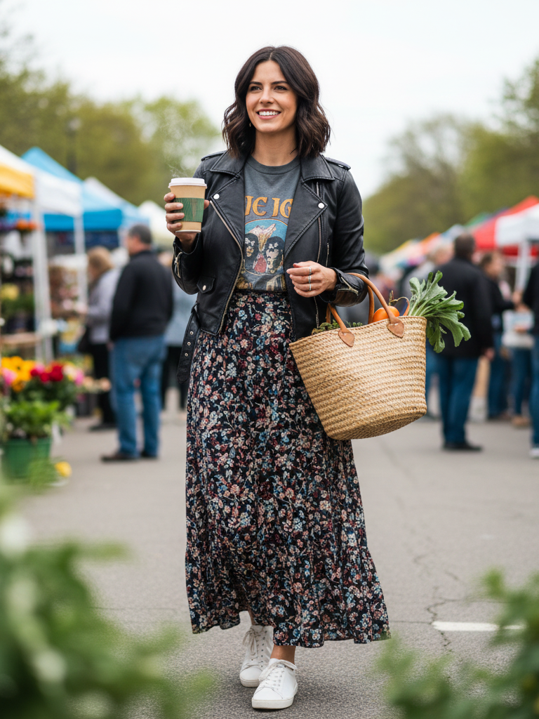Leather Jacket + Graphic Tee + Maxi Skirt