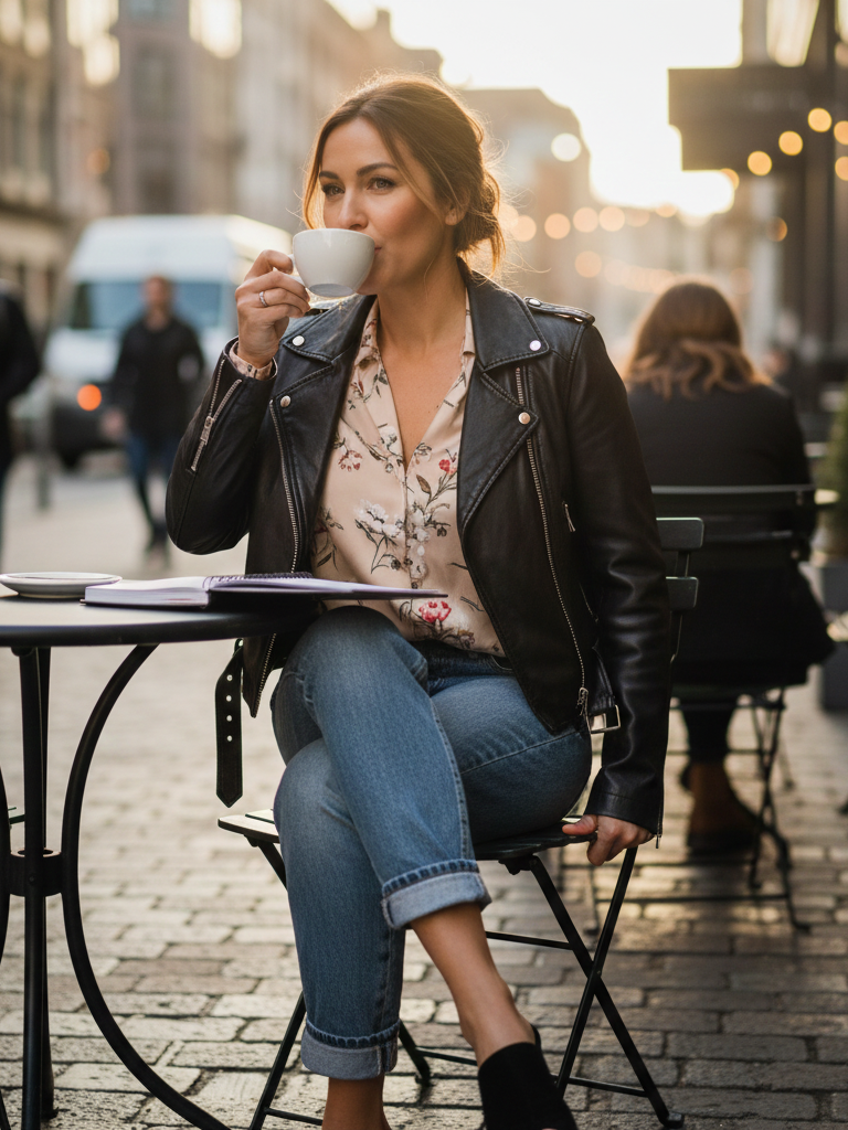 Leather Jacket + Silk Blouse + Boyfriend Jeans + Heeled Mules