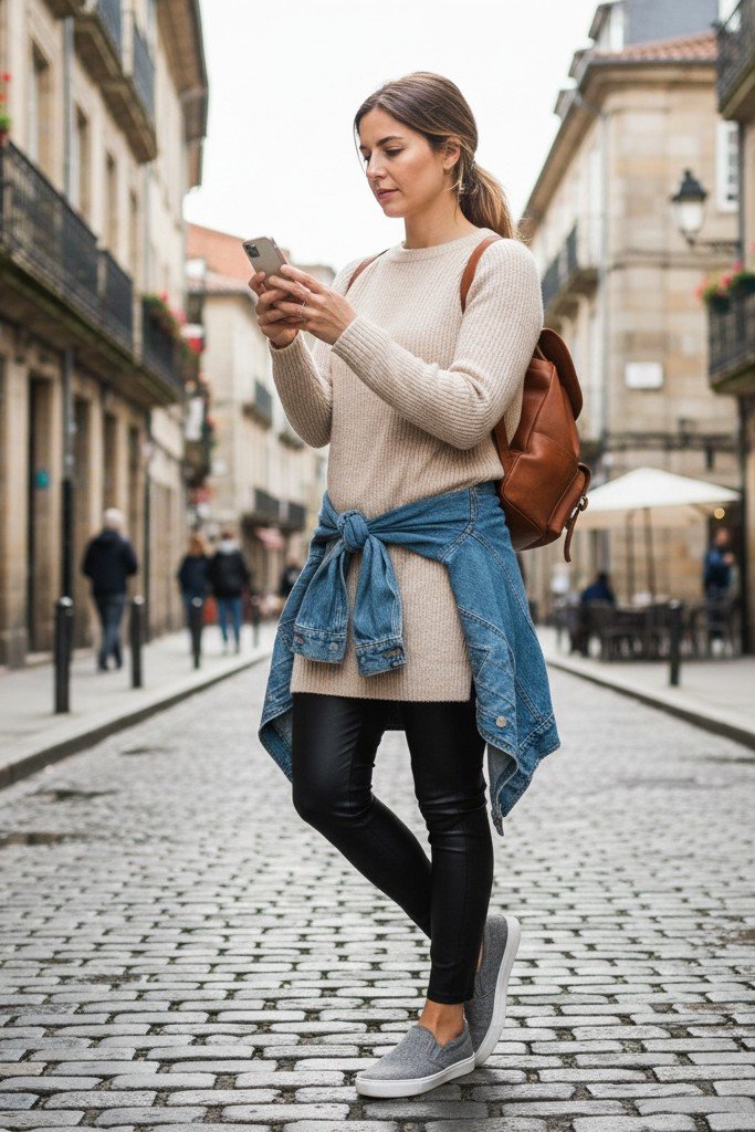 Leather-Look Leggings + Long Tunic + Slip-On Sneakers