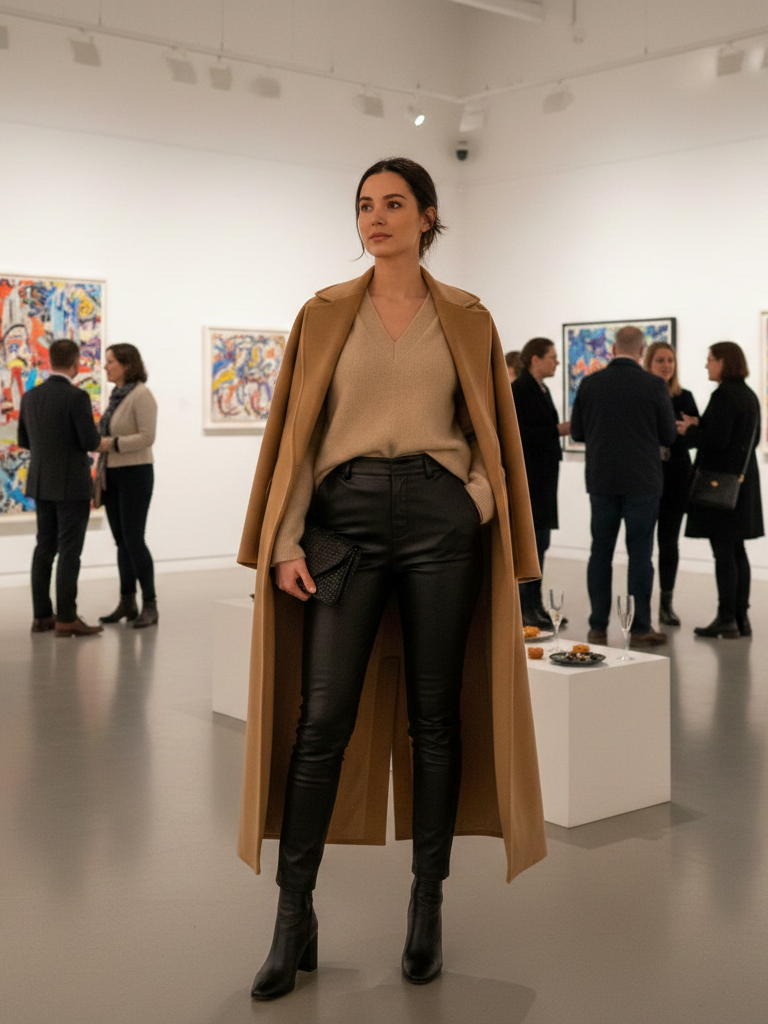 Leather Pants + Fine Knit Sweater + Long Coat