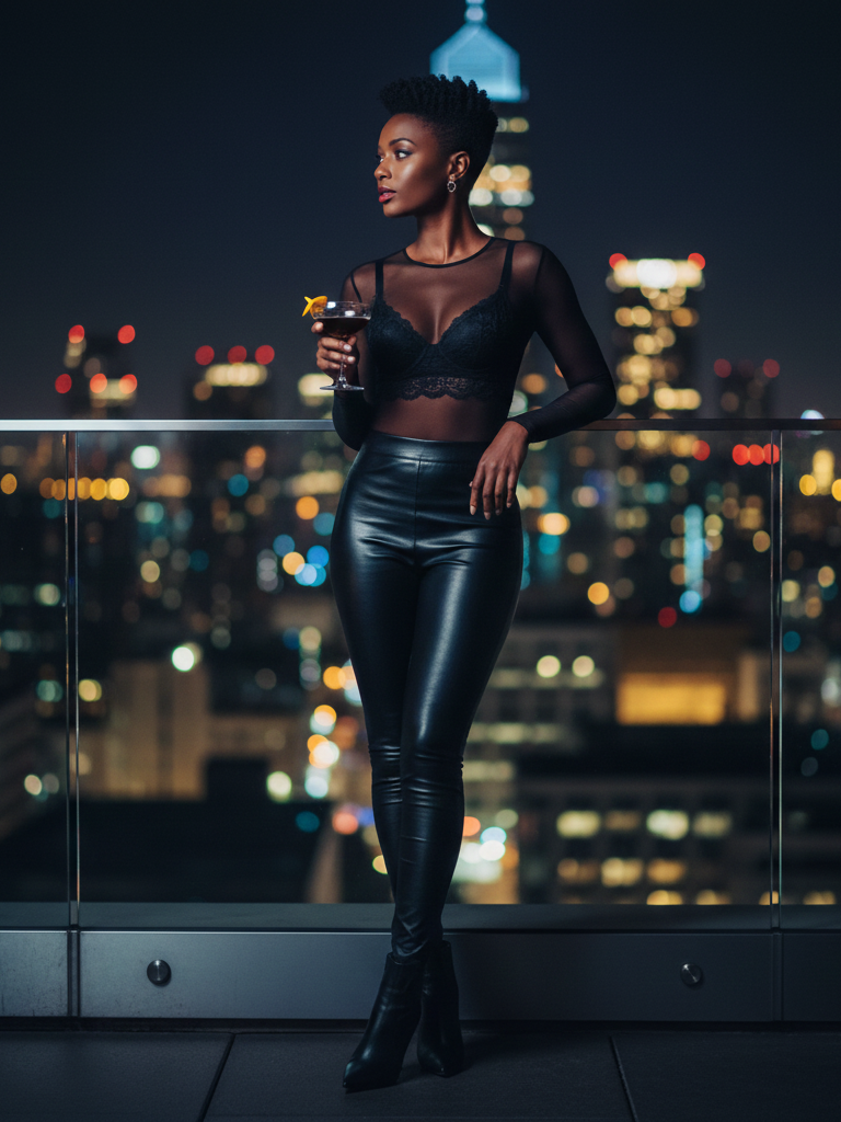 Leather Pants + Sheer Top + Stiletto Boots