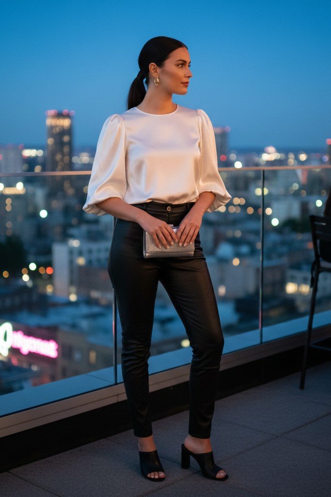 Leather Pants + Statement Sleeve Top + Mules