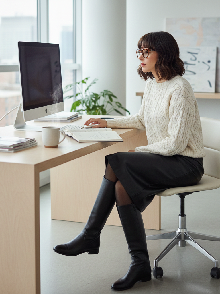 Leather Pencil Skirt + Chunky Sweater + Tights + Knee-High Boots