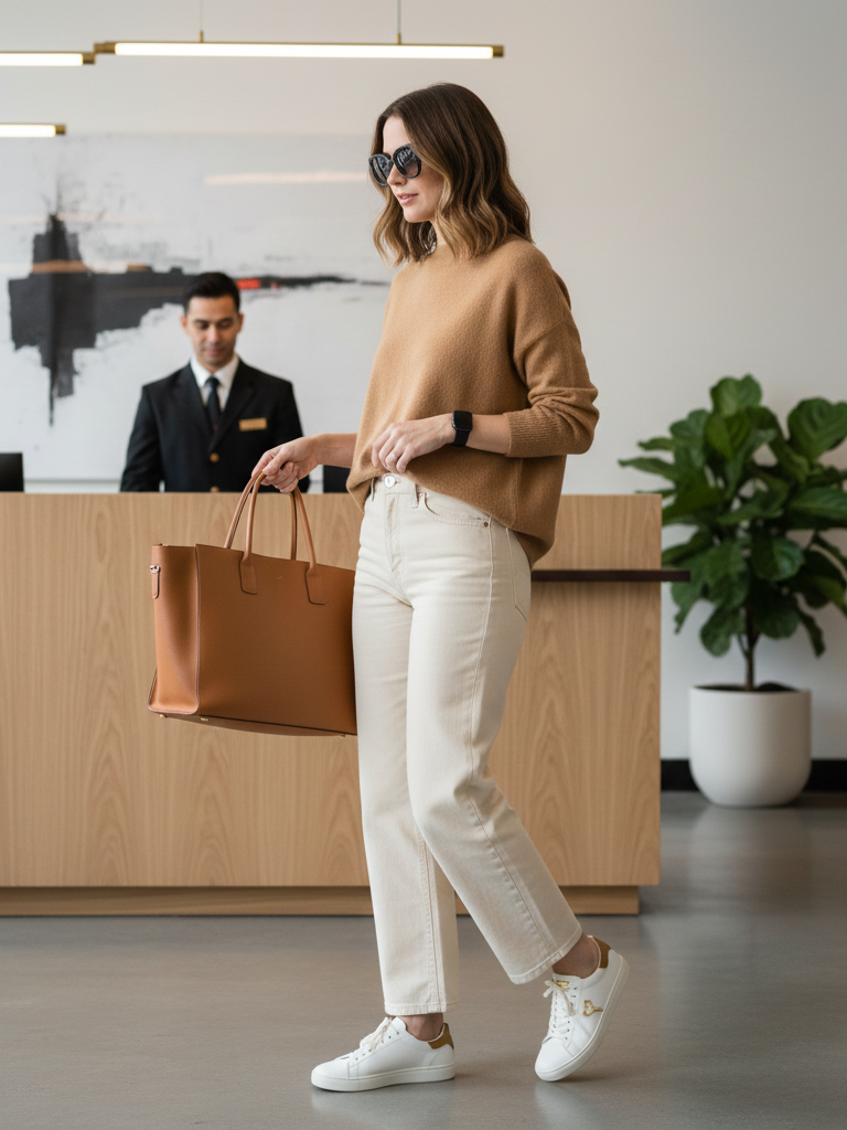 Leather Tote + Sweater + Wide-Leg Jeans + Fashion Trainers
