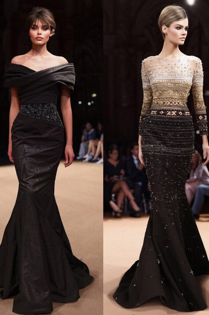 6. (Left) Black Draped Off-Shoulder Gown + Beaded Waistband | (Right) Gold & Black Geometric Beaded Column Gown