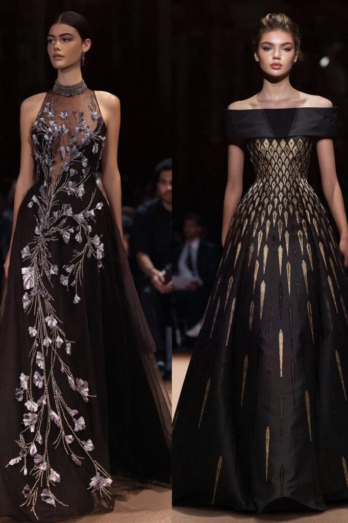 (Left) Sheer Black Halter Gown + Lilac Floral Appliqué | (Right) Black Off-Shoulder Gown + Gold Diamond Embroidery