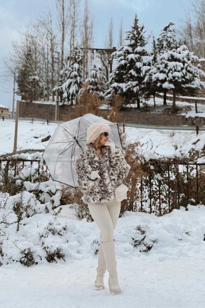 Leopard Print Faux Fur Jacket + Cream Leggings + Off-White Knee-High Boots