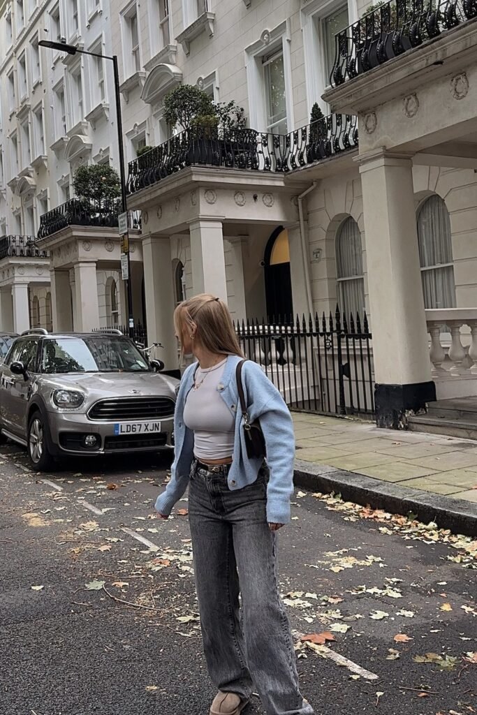 Light Blue Cardigan + White Cropped Tank Top + Grey Wide-Leg Jeans