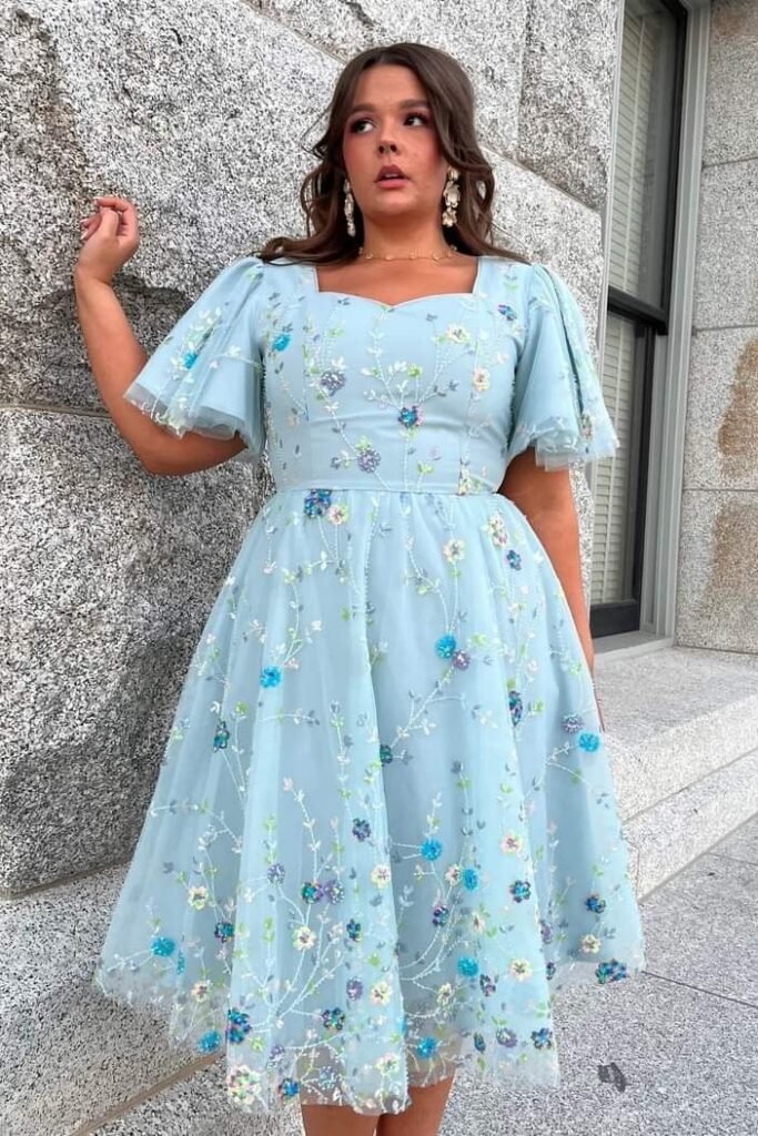 Light Blue Floral Embroidered Tulle Dress with Flutter Sleeves