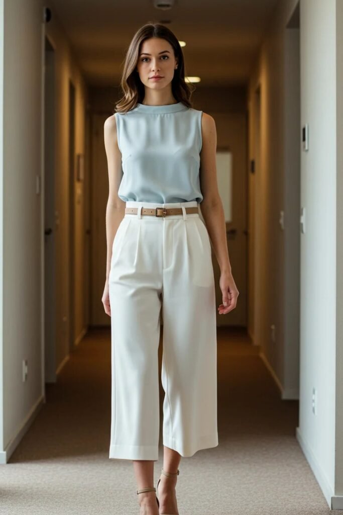 Light Blue Mock-Neck Sleeveless Top + White High-Waisted Wide-Leg Trousers + Tan Strappy Sandals