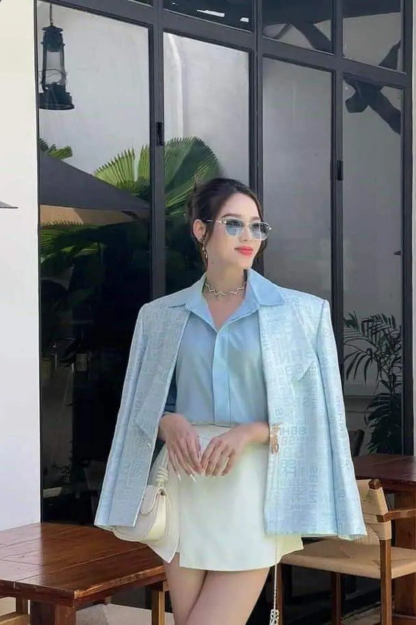 Light Blue Patterned Blazer + Pastel Blue Button-Down + Cream Mini Skirt + White Sunglasses 