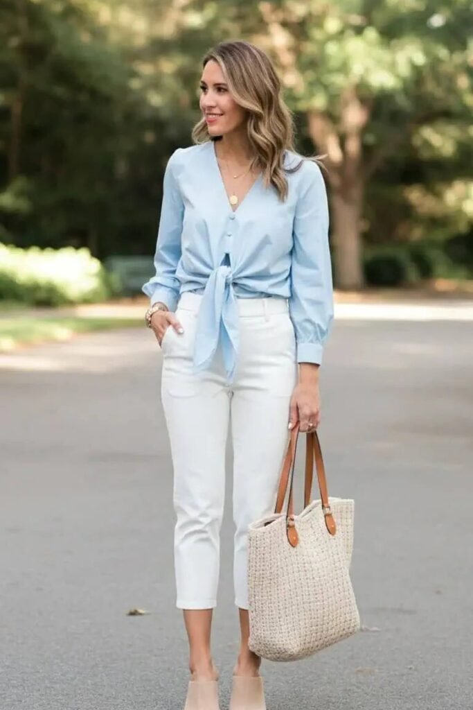 Light Blue Tie-Front Blouse + White Cropped Trousers + Beige Mules