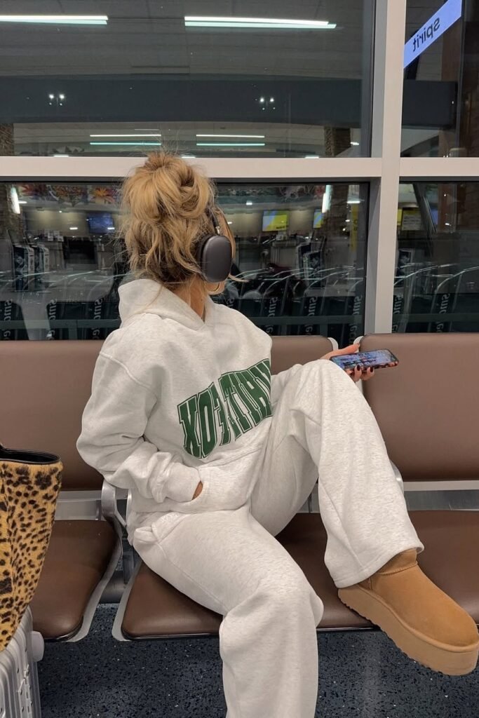 Light Grey Graphic Hoodie + Matching Light Grey Sweatpants + Tan Platform Boots