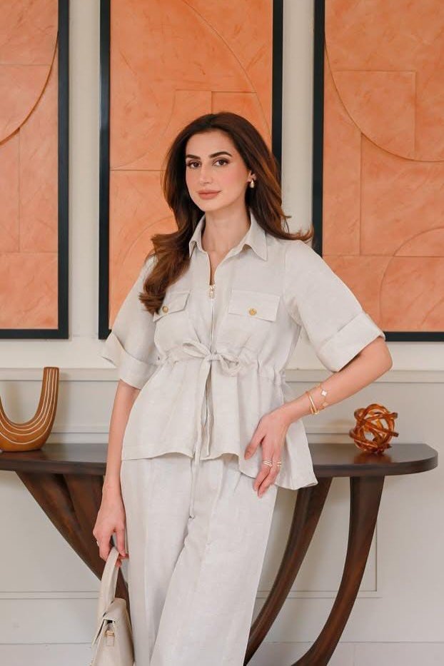 Light Grey Linen Zip-Up Safari Jacket + Matching Grey Linen Trousers + White Handbag