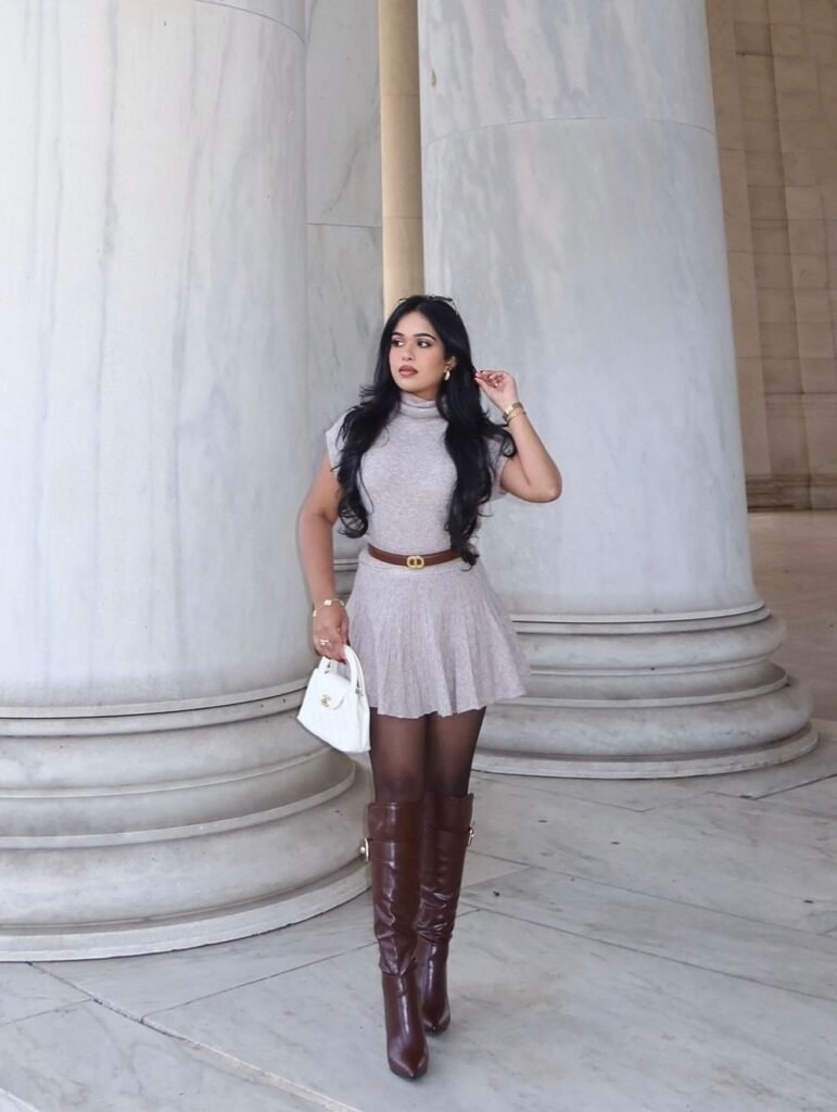 Light Grey Sleeveless Knit Dress + Brown Belt + Dark Brown Knee-High Boots + Black Tights