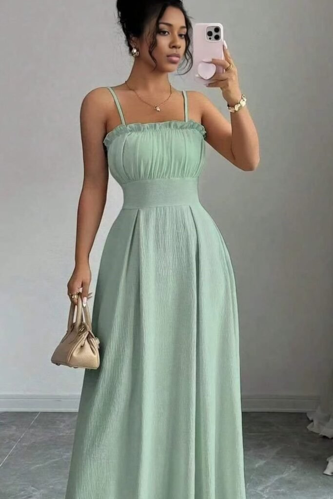 Light Mint Green Shirred Bodice Maxi Dress + Gold Necklace + Small Tan Handbag