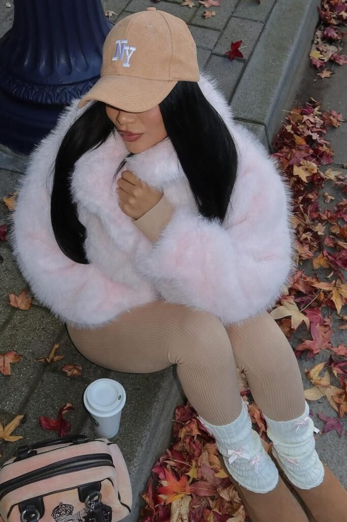 Light Pink Faux Fur Jacket + Tan Ribbed Leggings + White Cable-Knit Leg Warmers