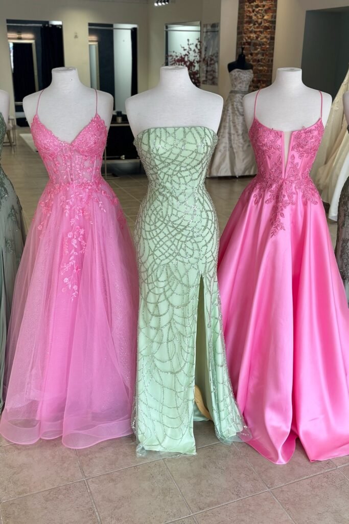 Light Pink Tulle Gown + Mint Green Patterned Slit Dress + Bubblegum Pink Satin Gown