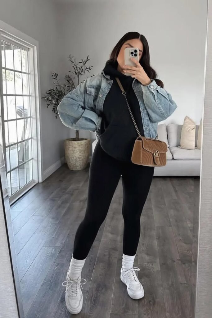 Light Wash Denim Jacket + Black Hoodie + Black Leggings + White Sneakers