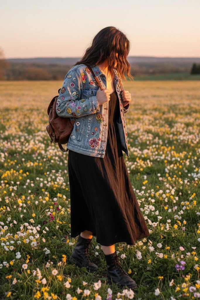 Light Wash Denim Jacket + Black Sundress + Boots