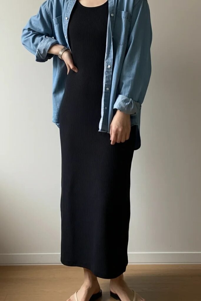 Light Wash Denim Shirt + Black Ribbed Maxi Dress + Beige Slide Sandals