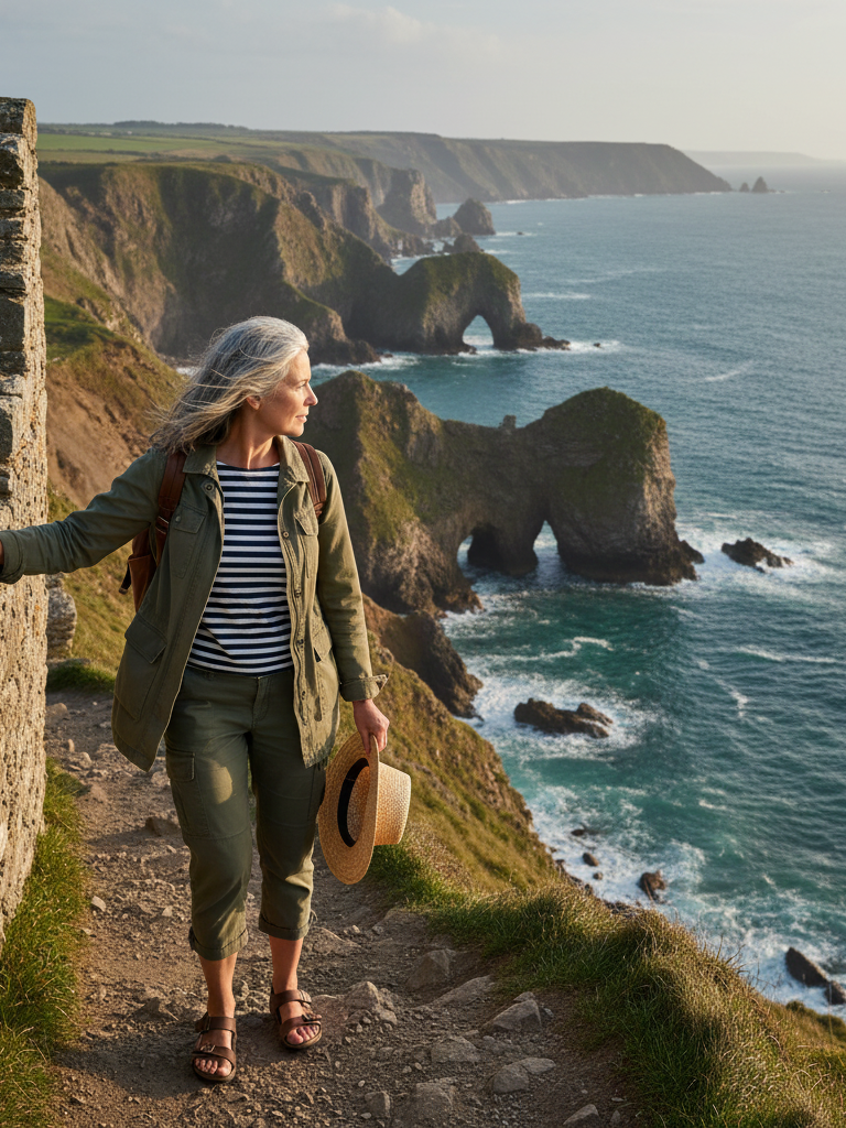 Lightweight Jacket + Striped Top + Cropped Pants + Walking Sandals