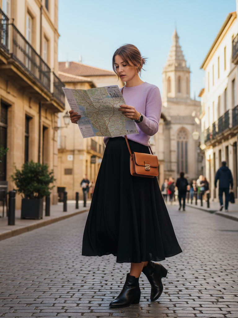 Lightweight Sweater + Midi Skirt + Ankle Boots