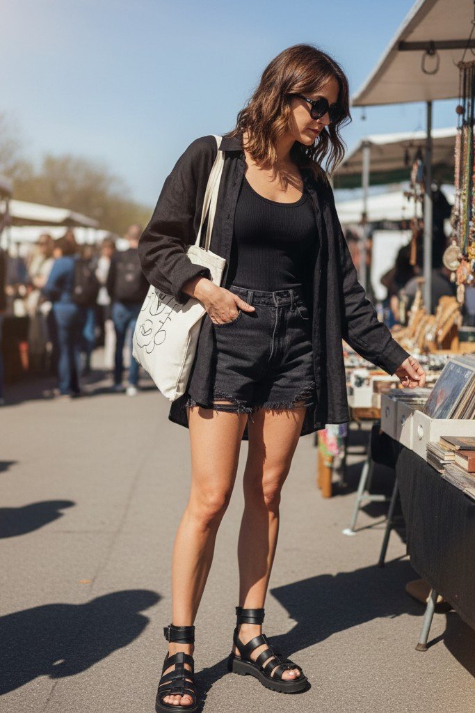 Linen Blend Button Down + Black Shorts + Chunky Sandals