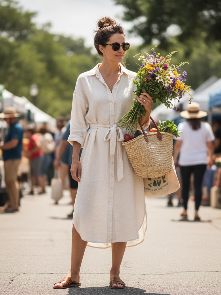 Linen Shirt Dress + Slide Sandals + Straw Bag