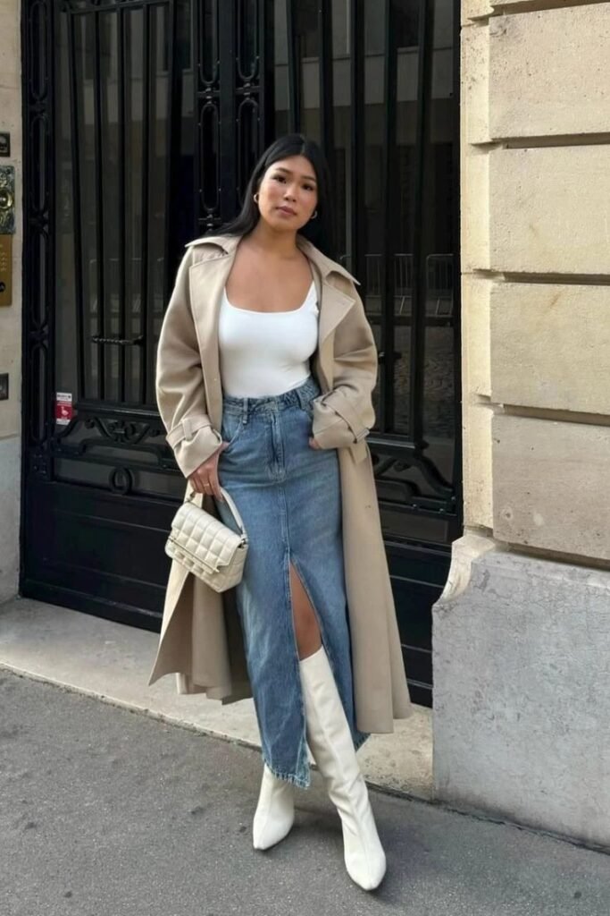Long Beige Trench Coat + White Bodysuit + Blue Denim Maxi Skirt + White Pointed-toe Boots