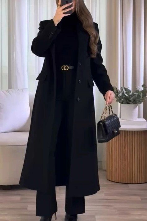 Long Black Coat + Black Turtleneck + Black Wide-Leg Trousers + Black Handbag