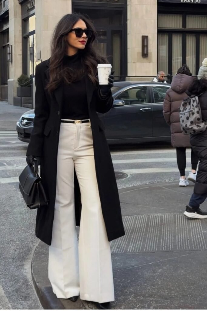 Long Black Trench Coat + Black Turtleneck + White Wide-Leg Trousers + Black Sunglasses 