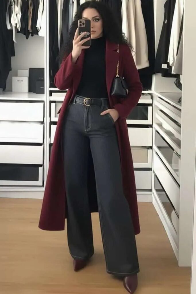 Long Burgundy Overcoat + Black Turtleneck + Dark Grey Wide Leg Jeans + Burgundy Pointed Boots