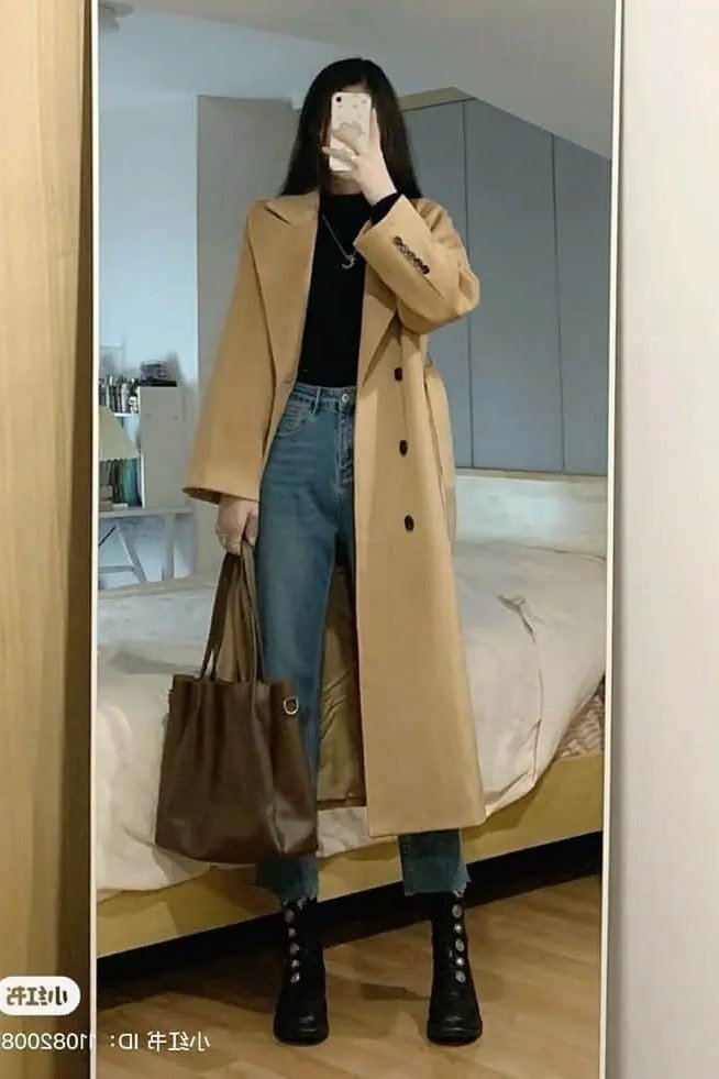 Long Camel Trench Coat + Black Mock-Neck Top + Medium Wash Jeans + Black Combat Boots 