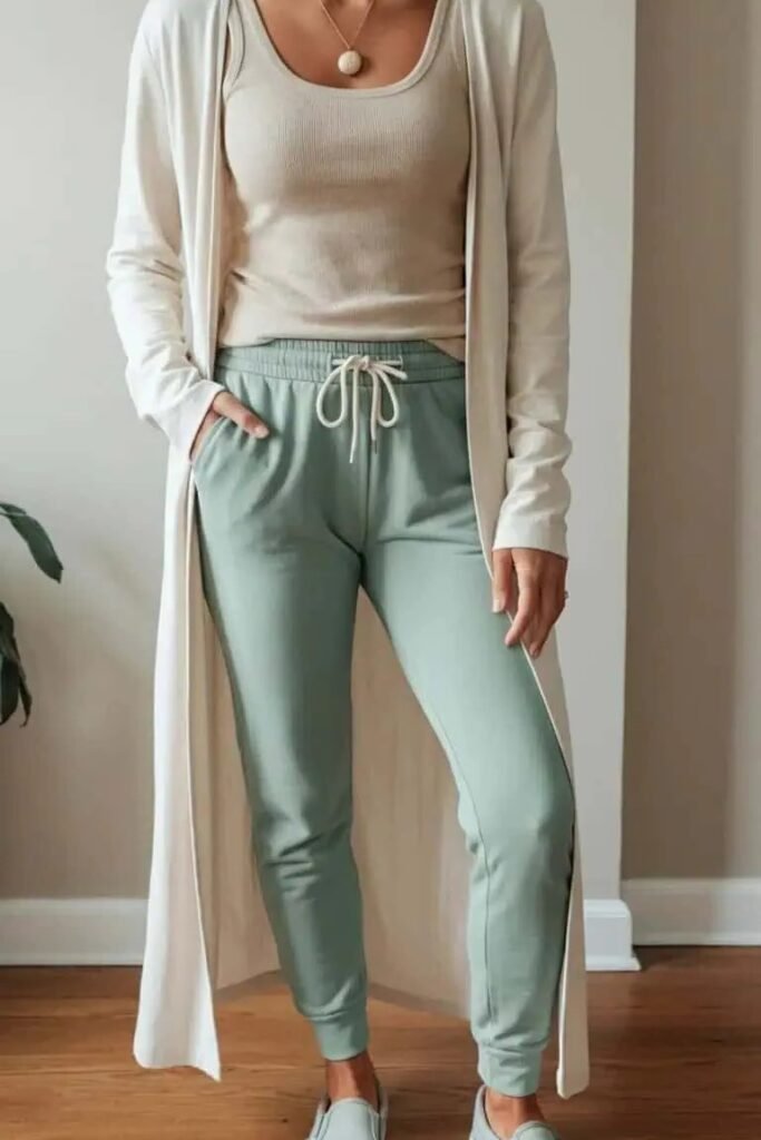 Long Cream Cardigan + Tan Ribbed Tank Top + Sage Green Joggers + Grey Slip ons