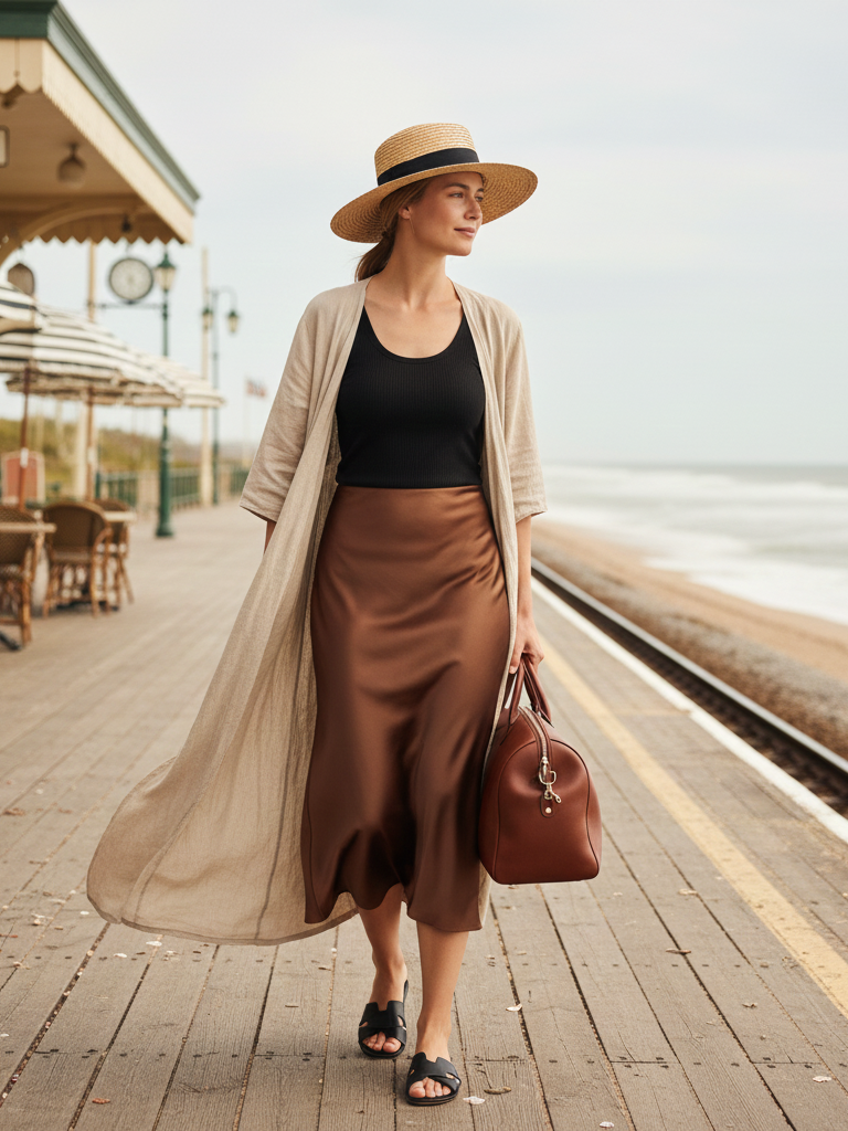 Long Duster Cardigan + Tank Top + Slip Skirt + Slides