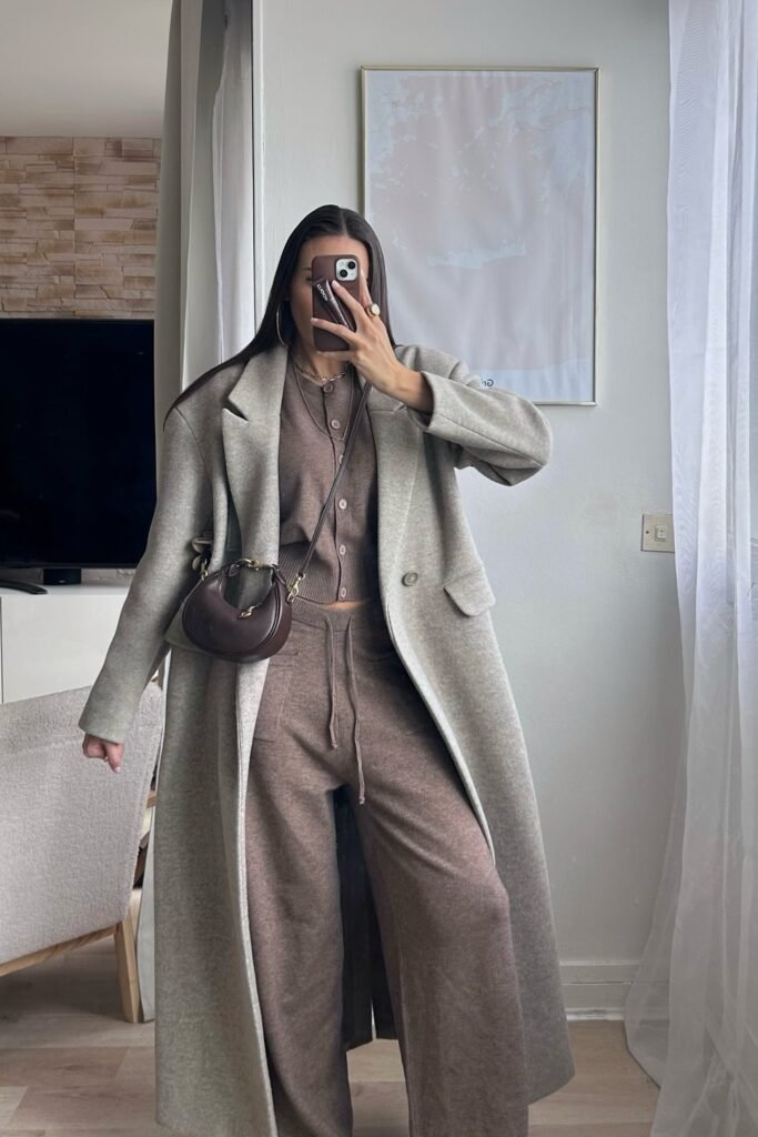 Long Grey Coat + Brown Knit Cardigan & Wide-Leg Pants Co-ord Set + Small Brown Bag