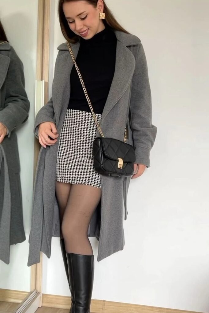 Long Grey Wool Coat + Black Turtleneck + Houndstooth Mini Skirt + Black Tall Boots