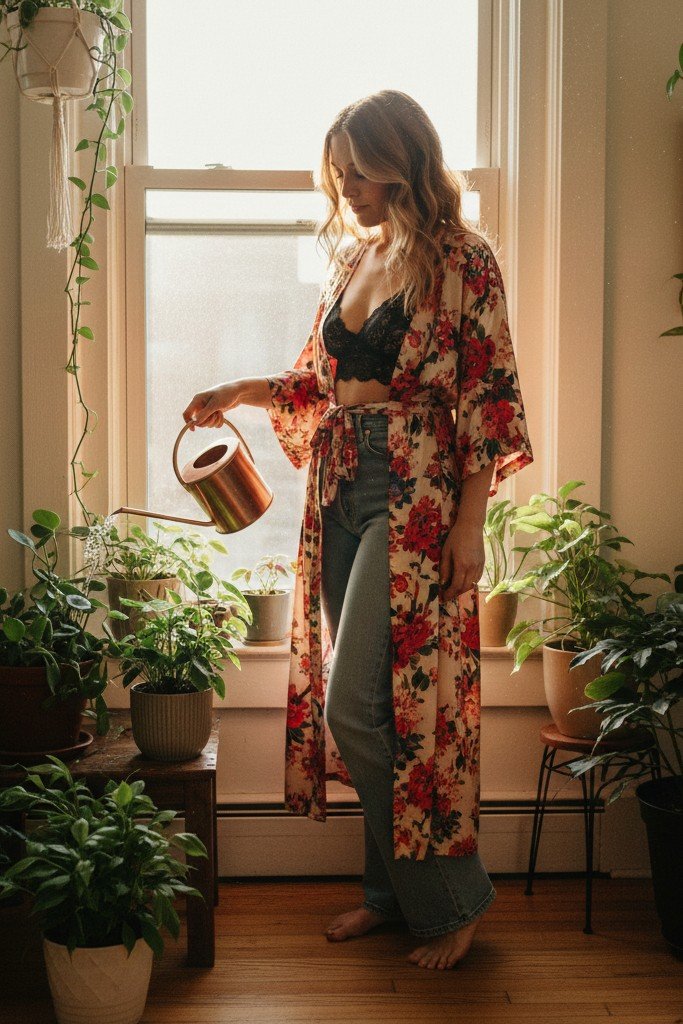 Long Robe + Bralette + High-Waisted Jeans