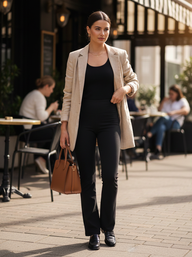 Longline Blazer + Tank Top + Flare Leggings + Loafers