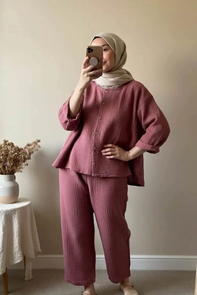 Mauve Crinkle Textured Button Up Set + Tan Hijab + Beige Sandals