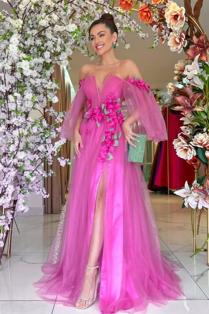 Mauve Tulle Off-the-Shoulder Gown + 3D Floral Appliqué + Green Sparkle Clutch