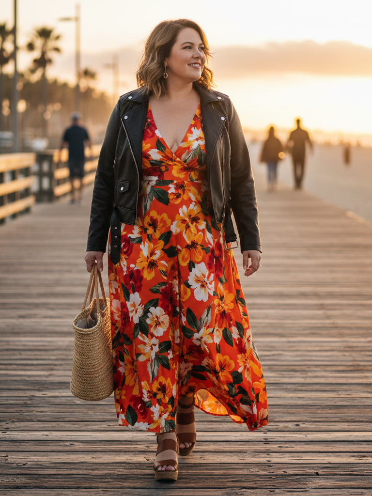 Maxi Dress + Leather Jacket + Platform Sandals