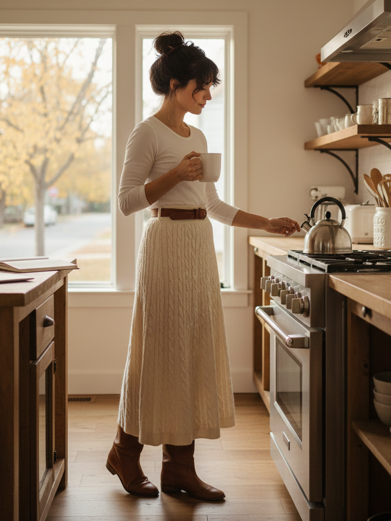 Maxi Sweater Skirt + Belt + Tall Boots