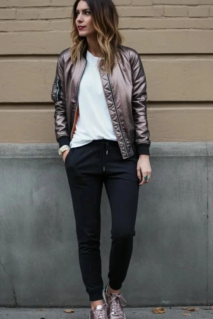 Metallic Bomber Jacket + White T Shirt + Black Slim Joggers + Metallic Sneakers
